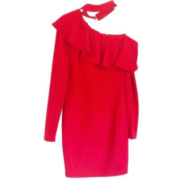 0091 NEW Red Holiday Ruffle Long Sleeve Red Dress - Picture 2 of 7